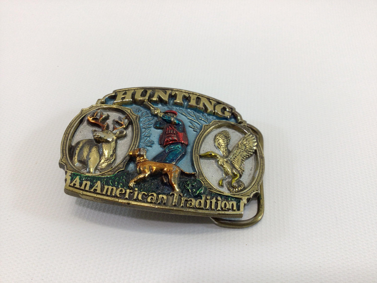 Brass Enamel Belt Buckle Hunting An American Tradition 1986 Great American Buckle Company 1817 Made in USA Quality Vintage Fashion Accessory