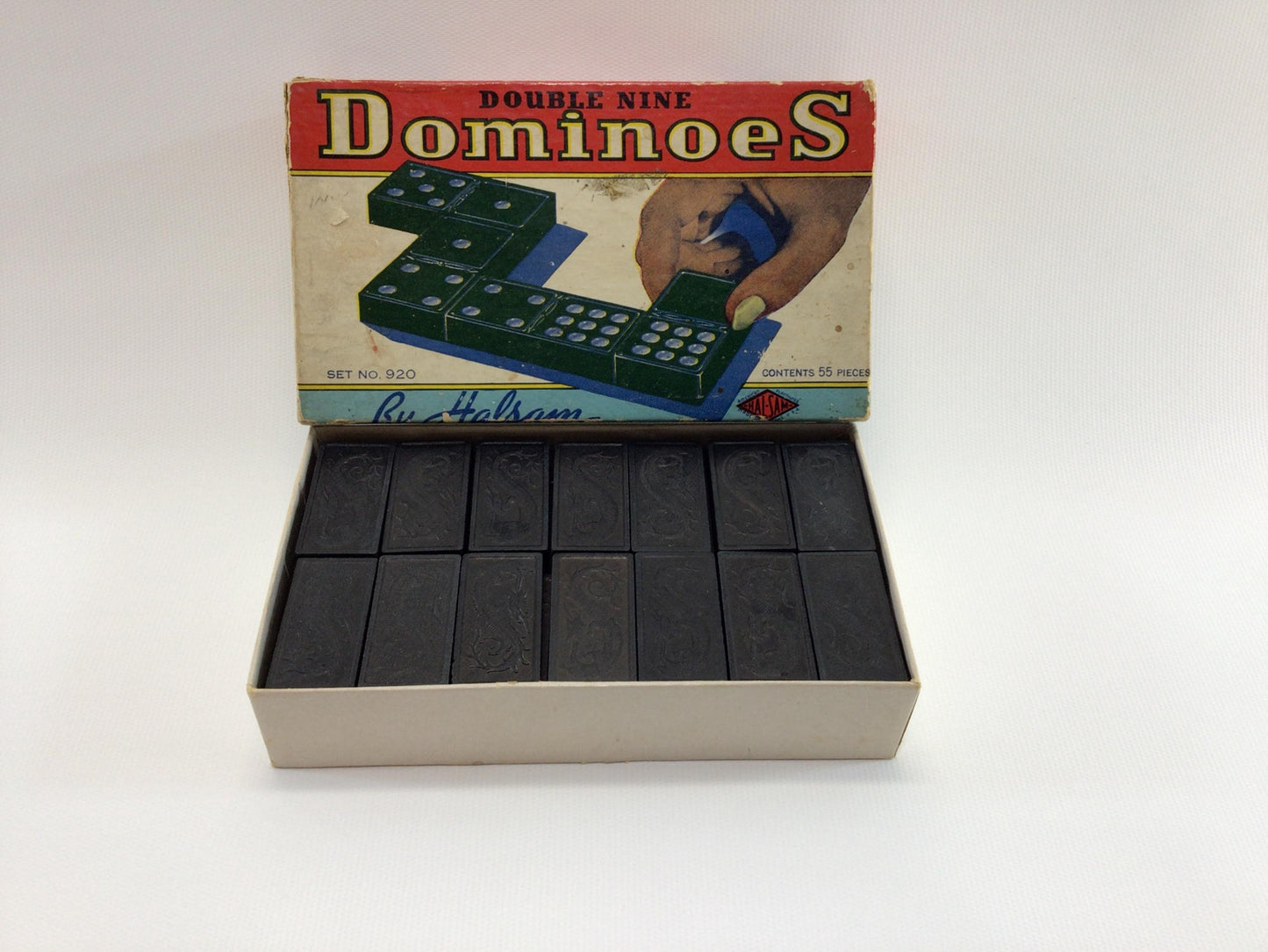 Double Nine Dominoes No 920 Halsam Wooden Dragon 55 Piece Set Vintage Strategy Game