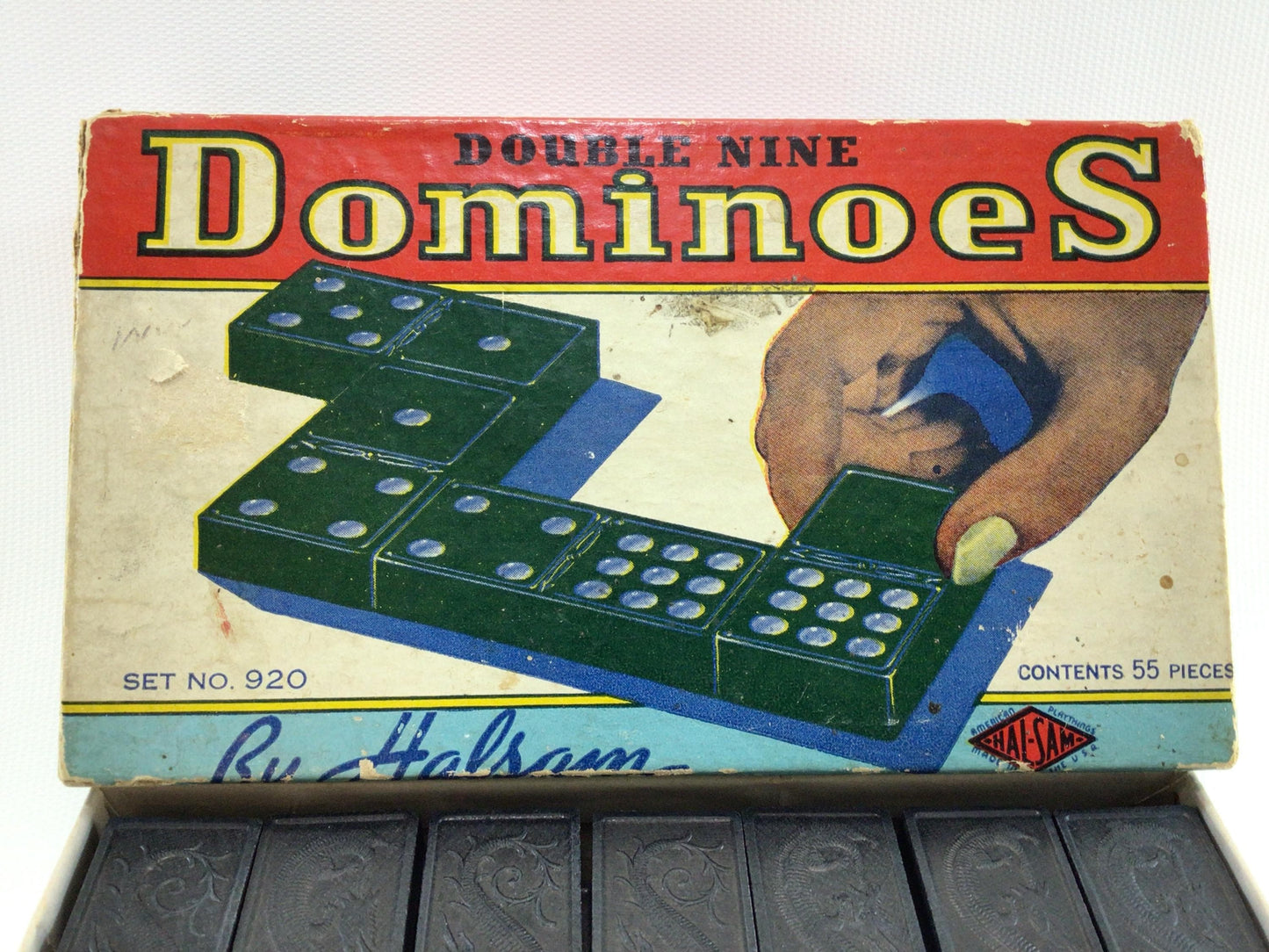 Double Nine Dominoes No 920 Halsam Wooden Dragon 55 Piece Set Vintage Strategy Game