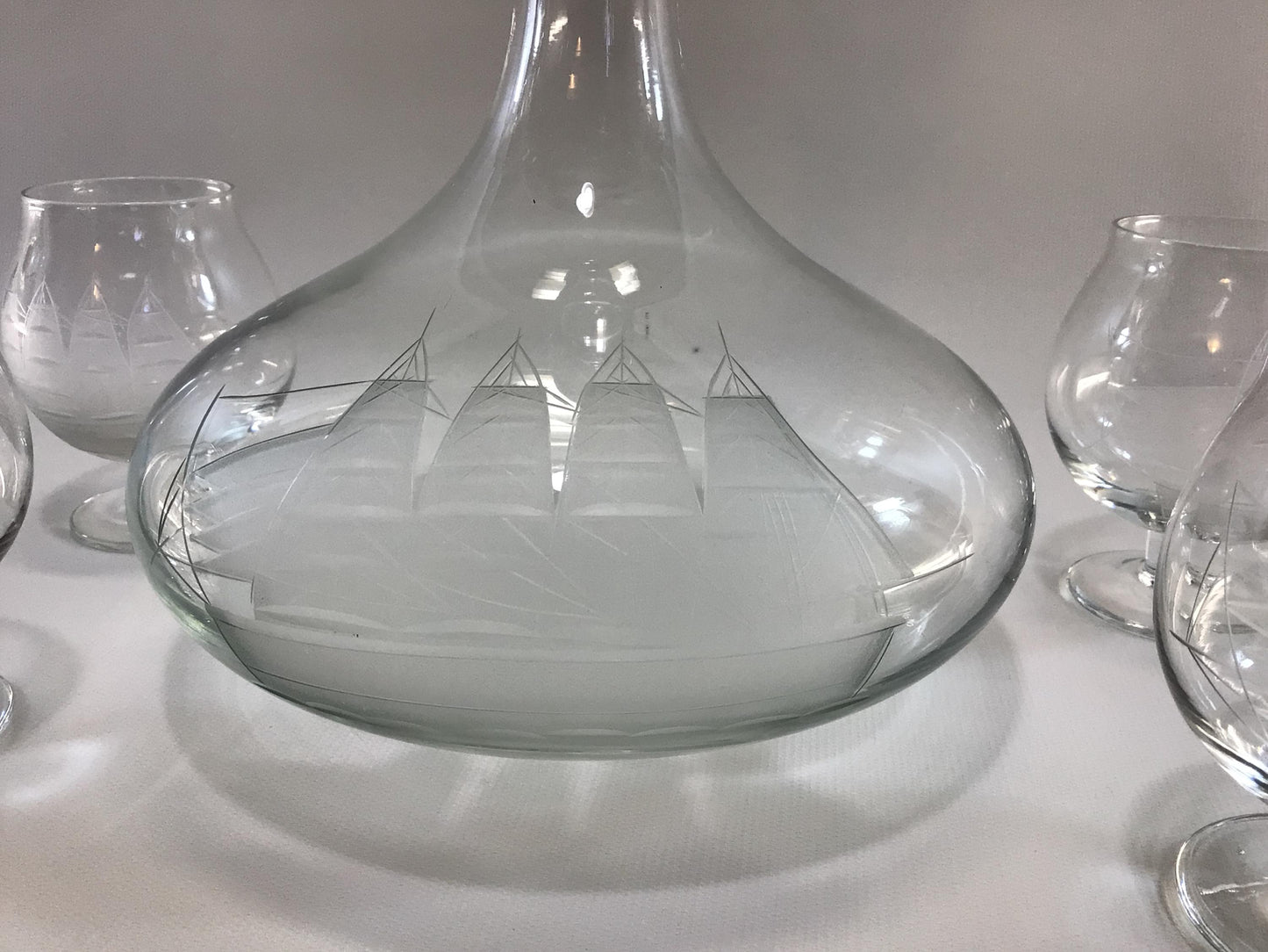 Brandy Decanter Set Clipper Ship Nautical Theme Vintage Etched Toscany 4 fl oz Snifters