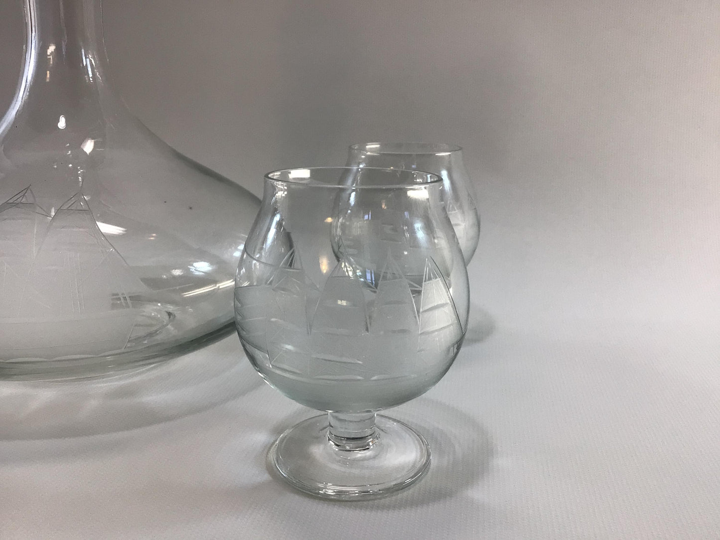 Brandy Decanter Set Clipper Ship Nautical Theme Vintage Etched Toscany 4 fl oz Snifters