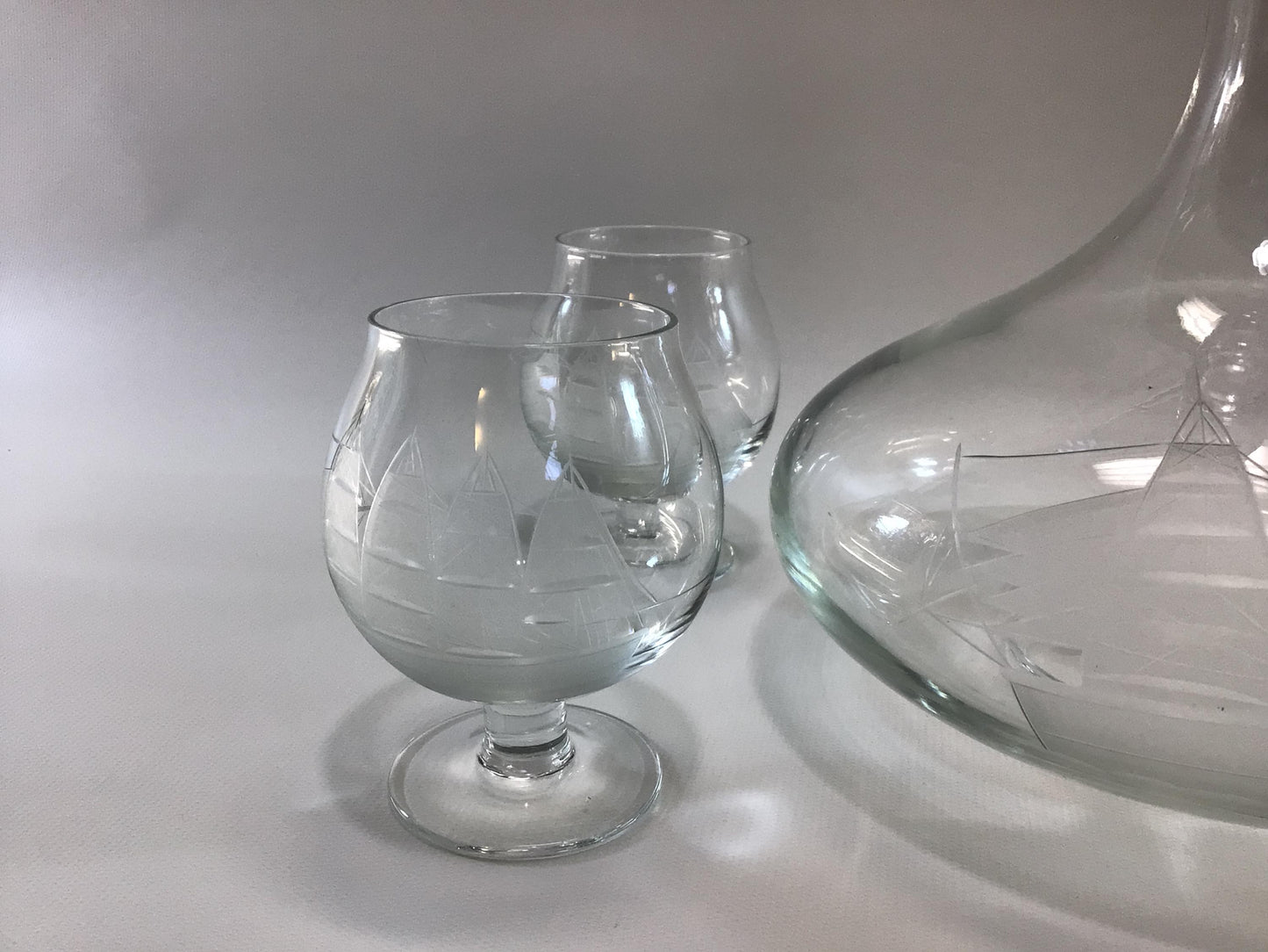 Brandy Decanter Set Clipper Ship Nautical Theme Vintage Etched Toscany 4 fl oz Snifters