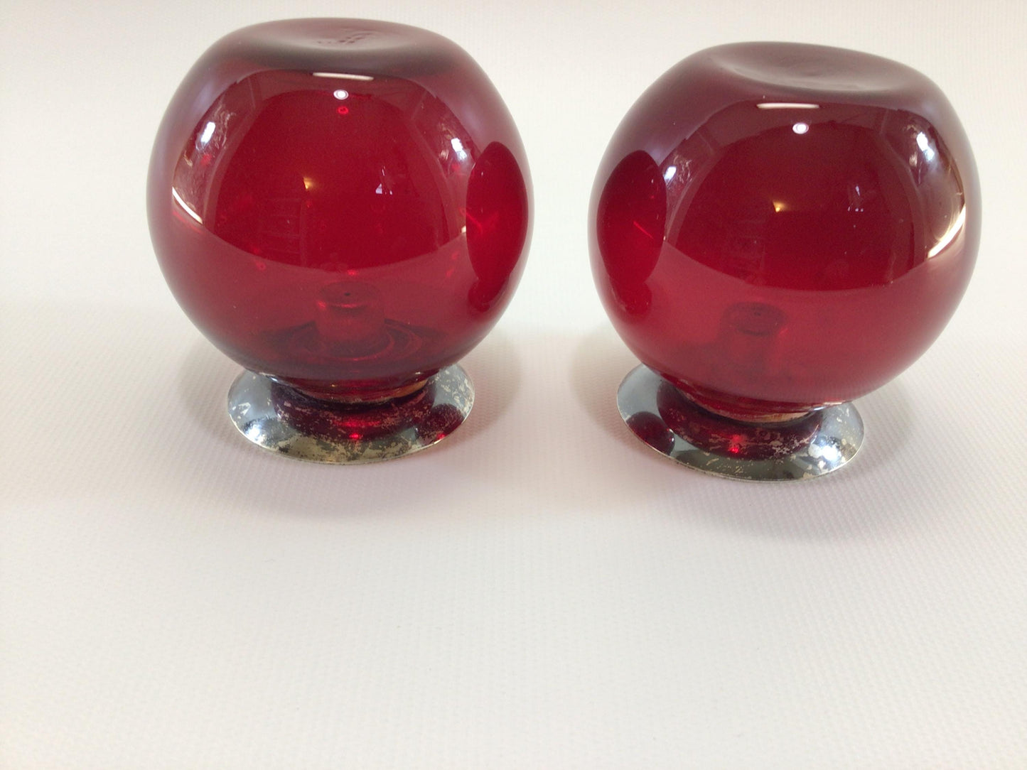 MCM Red Blown Glass and Silver Ball 7/16" Taper Candle Holder Set Mid Century Home Decor Accent Lighting