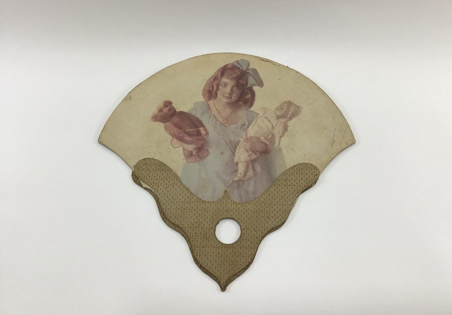 Advertising Fan Girl with Doll and Teddy Bear Antique Edwardian Era Ephemera Groghau's Drug Store Duluth