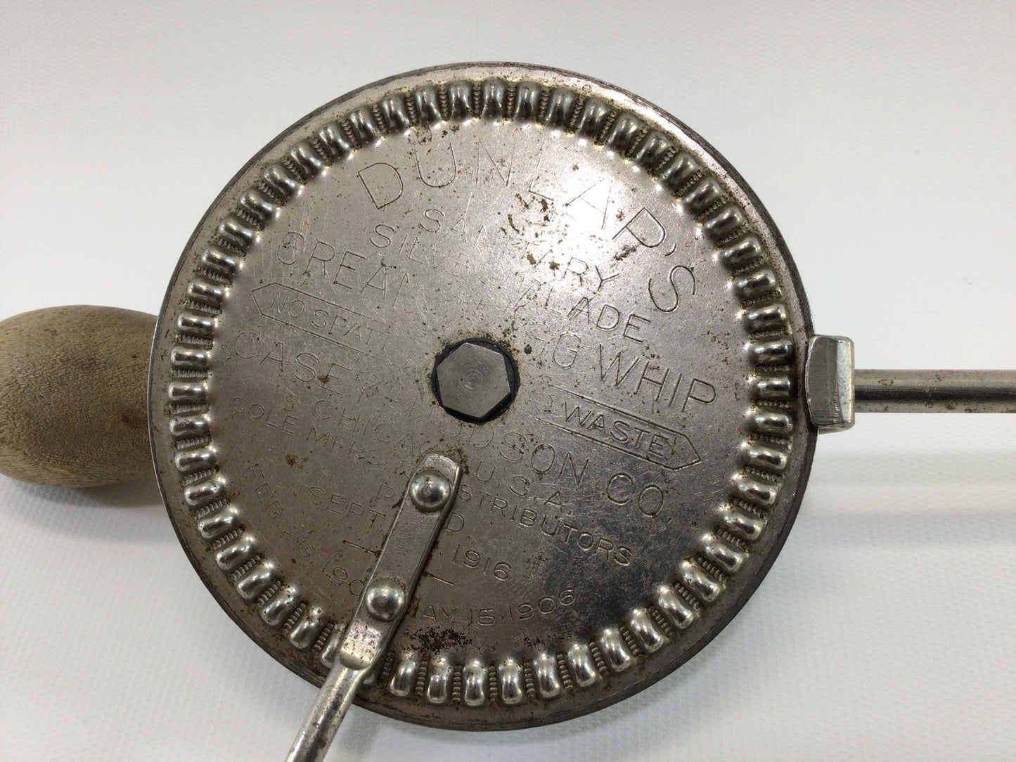 Wood Handle Egg Cream Whip DUNLAP'S Sanitary Silver Blade Chicago USA Pat 1916 Antique Country Kitchen Cooking Utensil