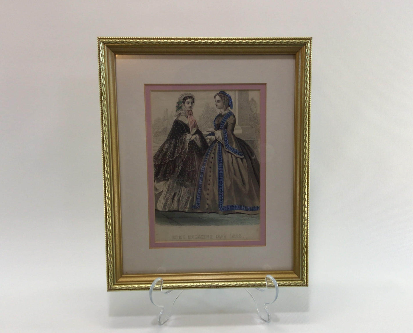 Victorian Fashion Book Plate Etching Wall Decor Elegant Women in 9 x 11 Matted Gold Tone Frame Home Magazine May 1858
