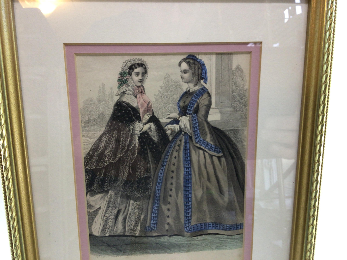 Victorian Fashion Book Plate Etching Wall Decor Elegant Women in 9 x 11 Matted Gold Tone Frame Home Magazine May 1858