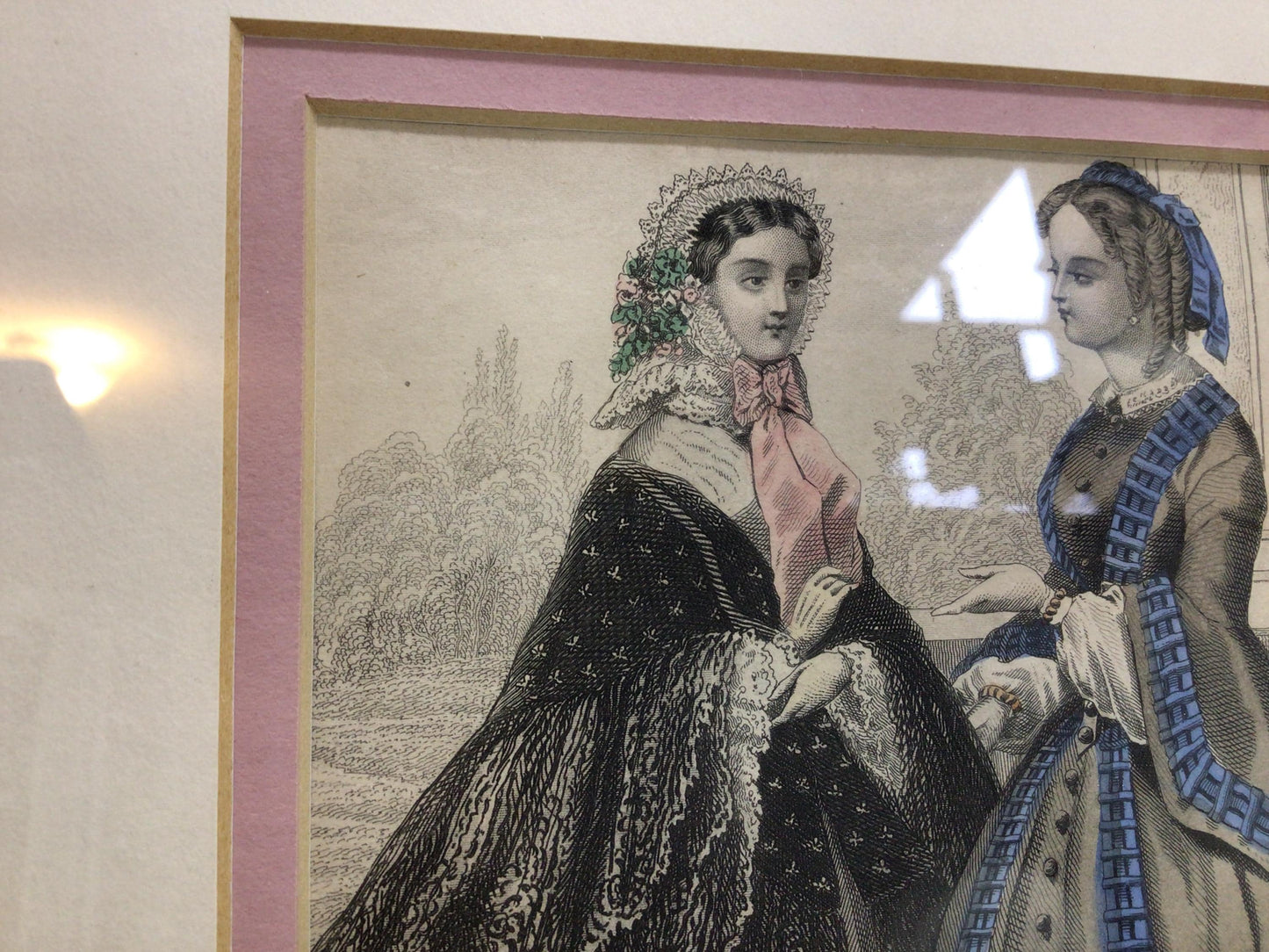 Victorian Fashion Book Plate Etching Wall Decor Elegant Women in 9 x 11 Matted Gold Tone Frame Home Magazine May 1858