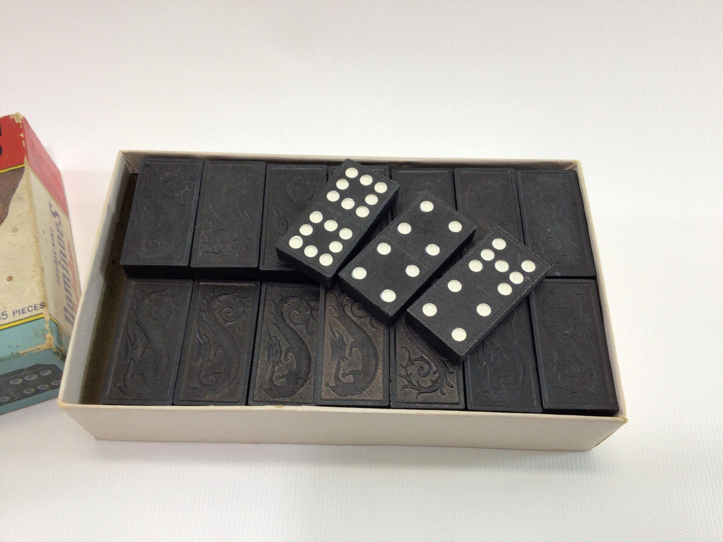 Double Nine Dominoes No 920 Halsam Wooden Dragon 55 Piece Set Vintage Strategy Game