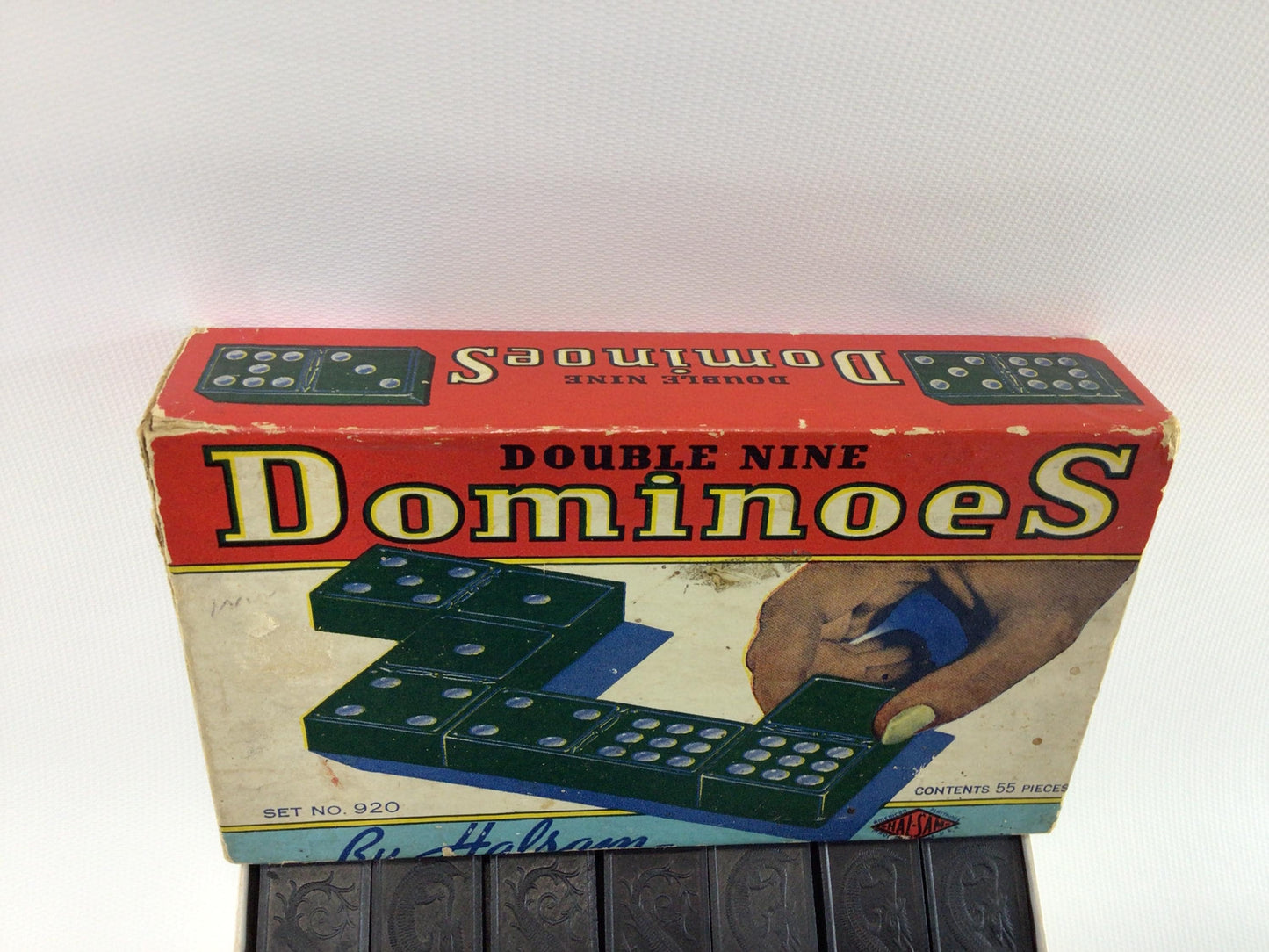 Double Nine Dominoes No 920 Halsam Wooden Dragon 55 Piece Set Vintage Strategy Game