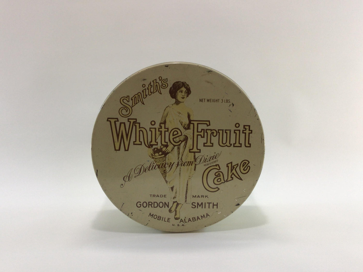 Smith's White Fruit Cake Tin Vintage Holiday Ephemera Gordon Smith Bakery Mobile Alabama