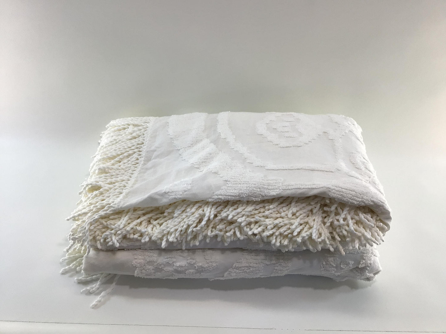 White Chenille Vintage Bedspread Coverlet Super King Size 100" x 120"