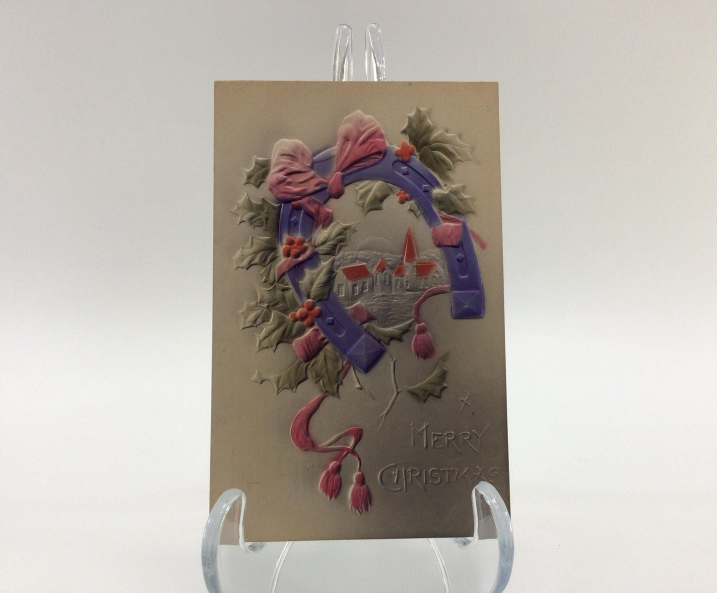 Novelty Christmas Postcard Airbrush Embossed Good Luck Horseshoe Wreath Antique Holiday Ephemera