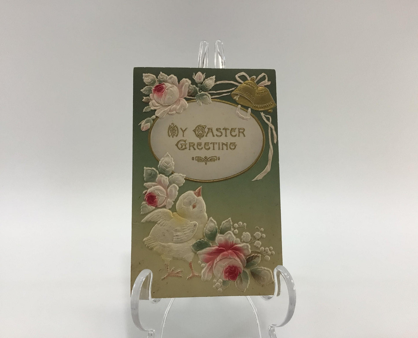 Antique Easter Applied Novelty Postcard Embossed Pink Roses and Chick