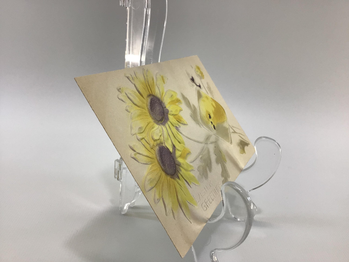 Antique Easter Applied Novelty Postcard Embossed Yellow Flowers and Chick