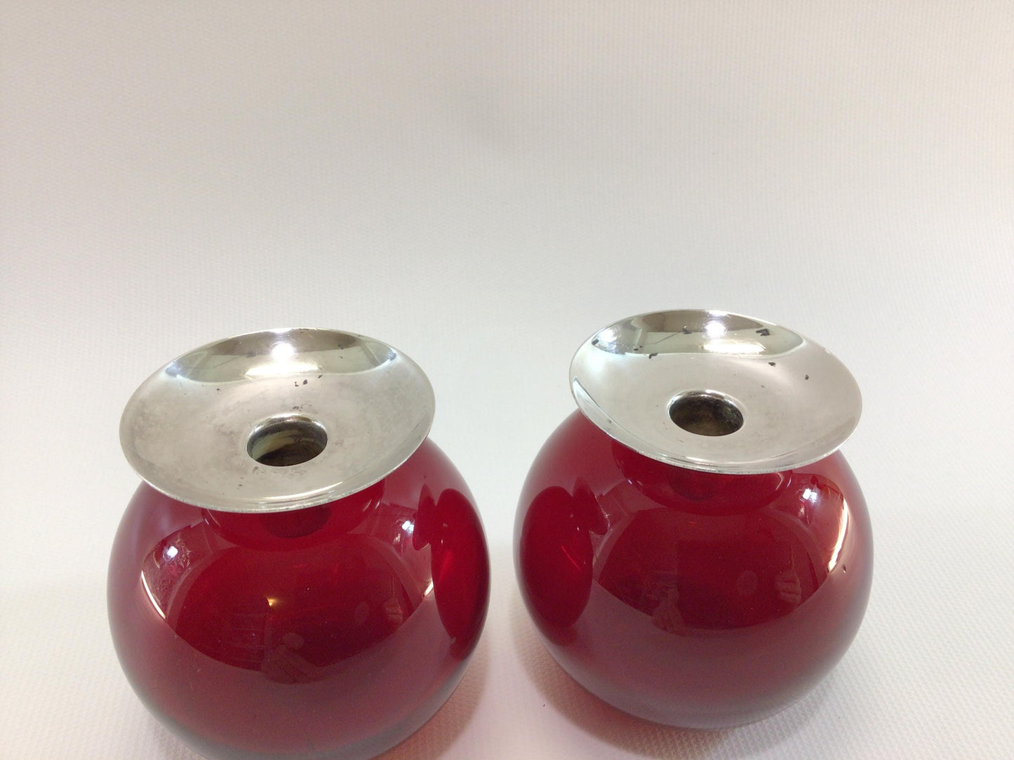 MCM Red Blown Glass and Silver Ball 7/16" Taper Candle Holder Set Mid Century Home Decor Accent Lighting