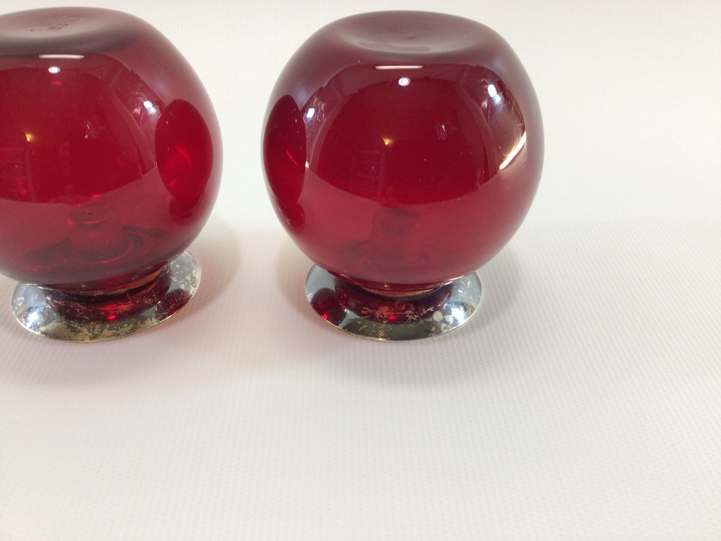 MCM Red Blown Glass and Silver Ball 7/16" Taper Candle Holder Set Mid Century Home Decor Accent Lighting
