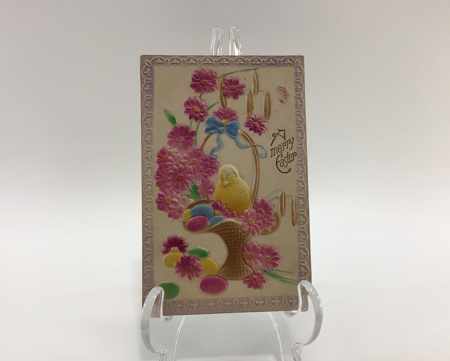 Antique Easter Novelty Postcard Airbrush Embossed Chick on Egg Basket