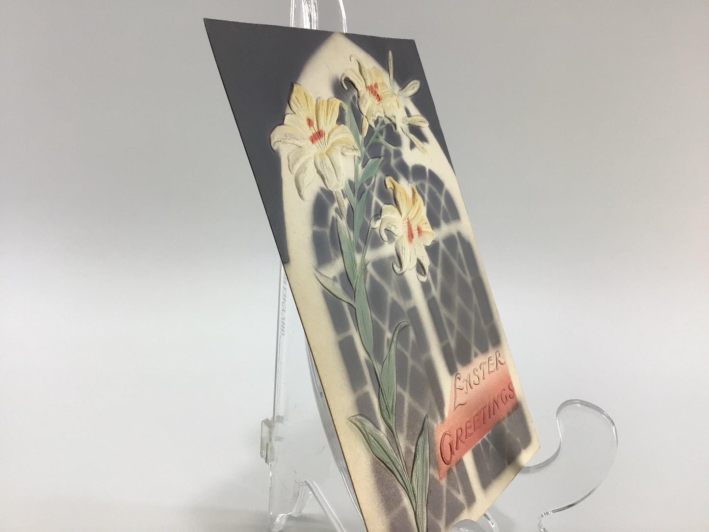 Easter Novelty Postcard Airbrush Embossed Dark Blue with Lilies Antique Holiday Ephemera