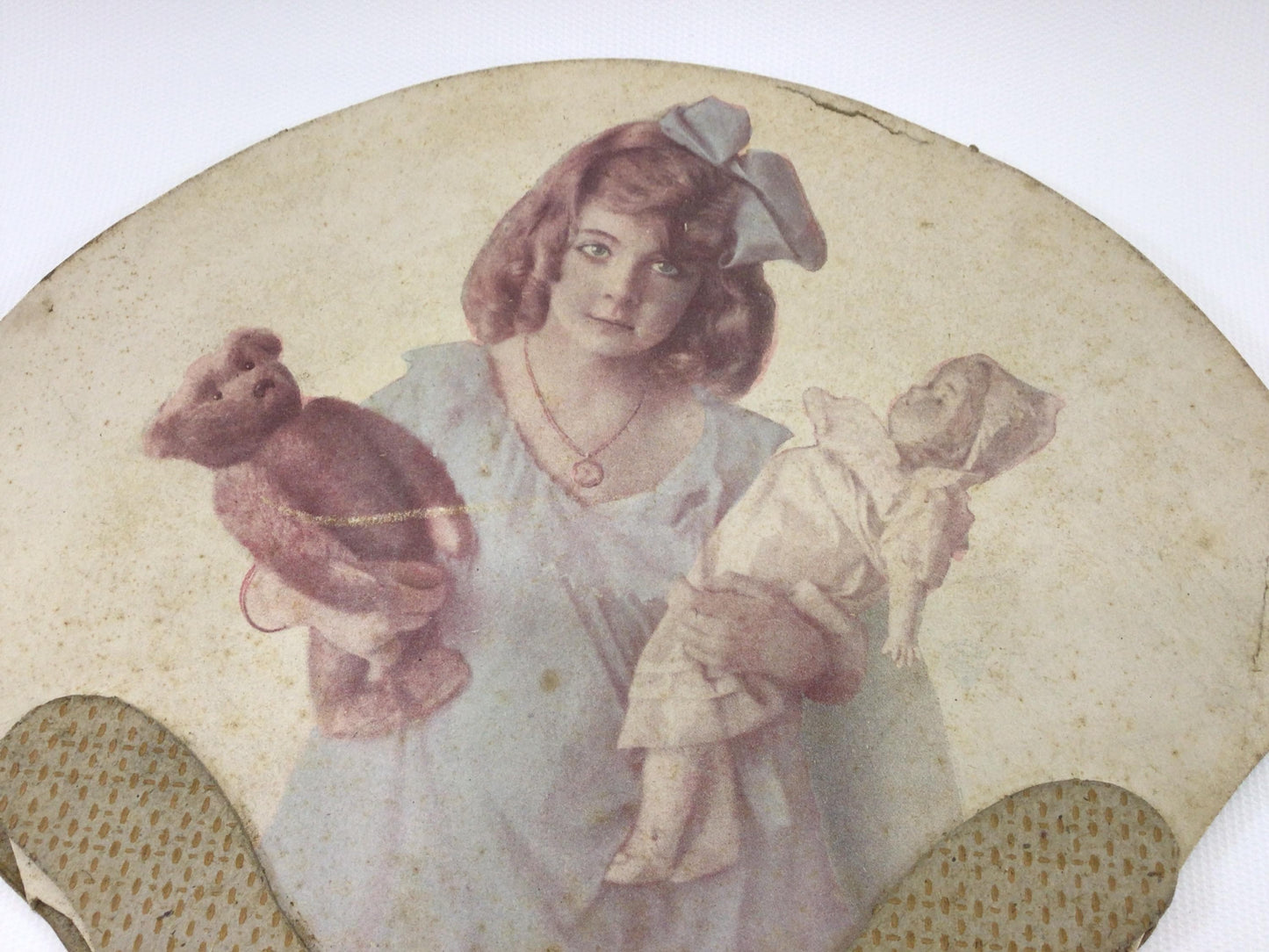Advertising Fan Girl with Doll and Teddy Bear Antique Edwardian Era Ephemera Groghau's Drug Store Duluth