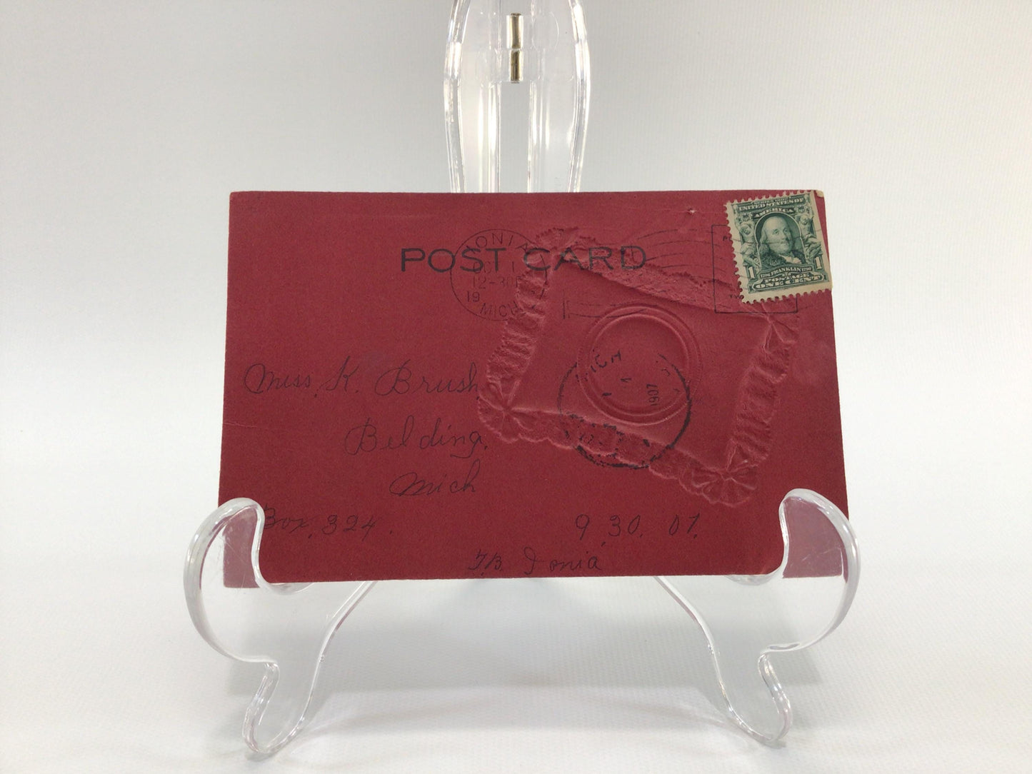 Applique Novelty Greetings Postcard Antique Ephemera Applied Photograph and Fabric Embellishments on Red Cardstock