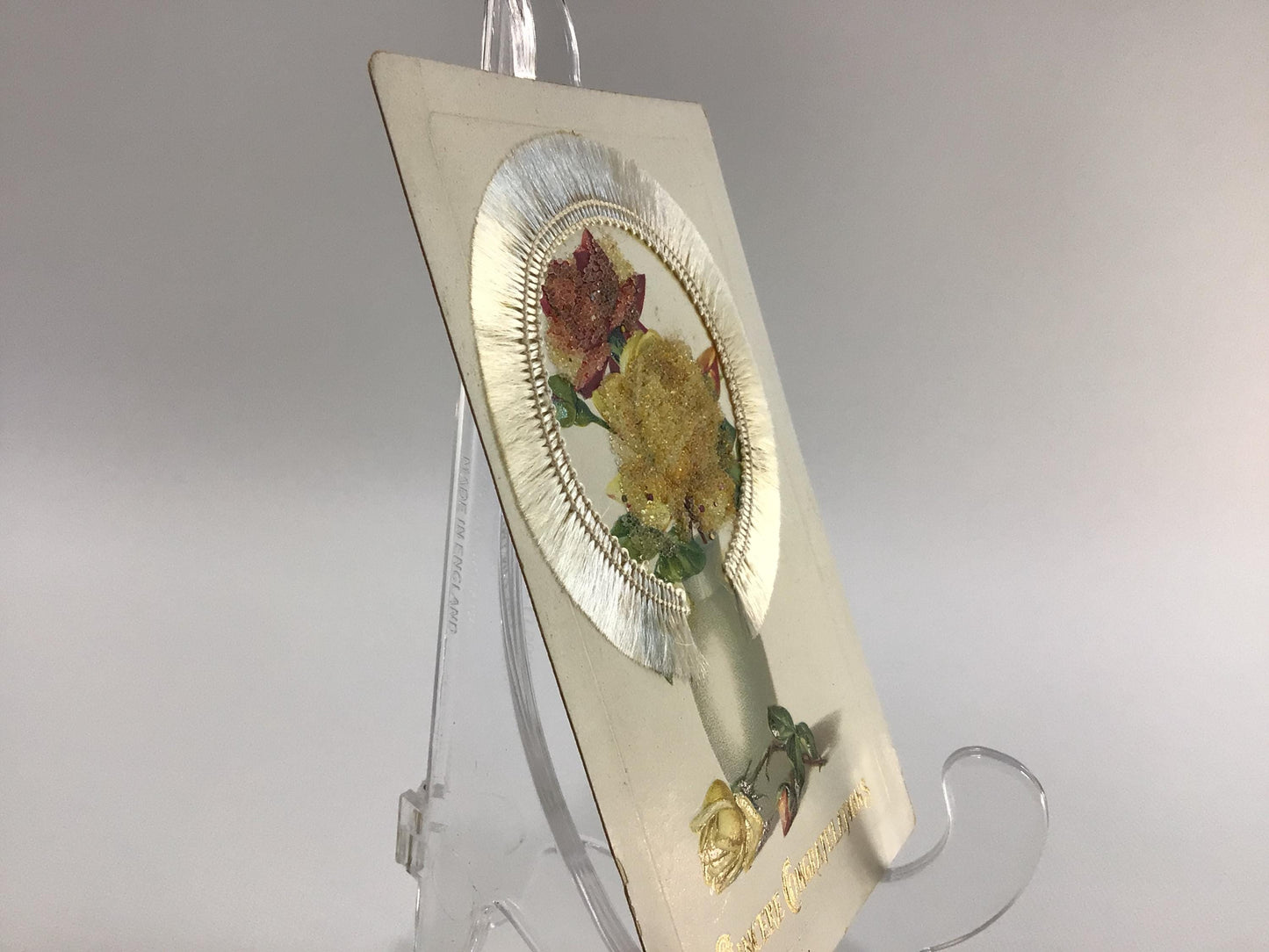 Applique Novelty Congratulations Postcard Embossed Rose Vase with Applied White Fringe Antique Ephemera