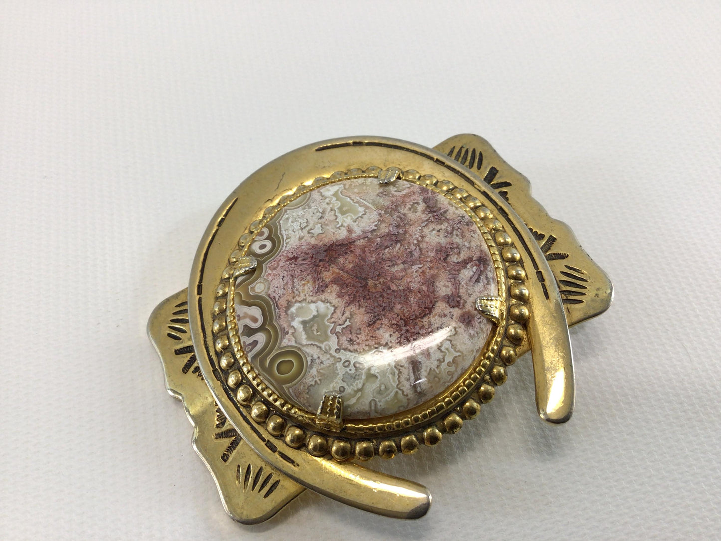 Polished Agate Horseshoe Belt Buckle Vintage Brass Plated Western Fashion Accessory