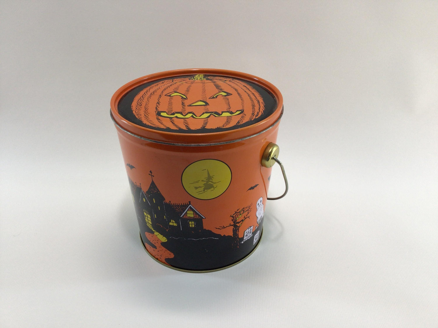 Jack O Lantern Tin Lithograph 6" Trick or Treat Pail Vintage 1980s Halloween Holiday Ephemera Made in Taiwan