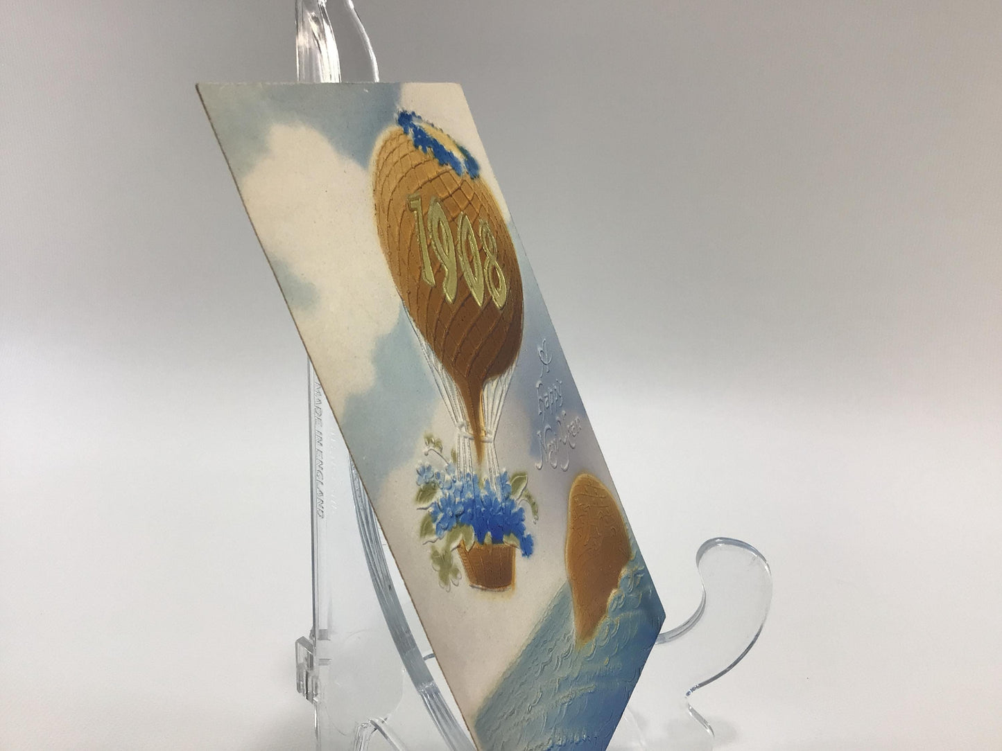 Novelty 1908 New Year Postcard Antique Ephemera Airbrush Embossed Hot Air Balloon