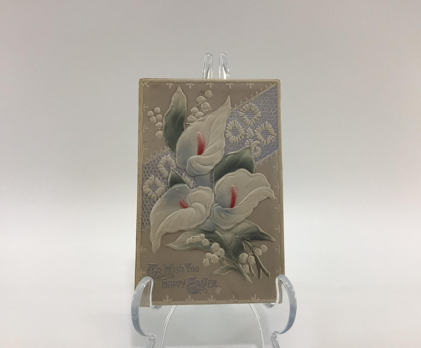 Antique Easter Applied Novelty Postcard Embossed Flocked with Calla Lily Flowers