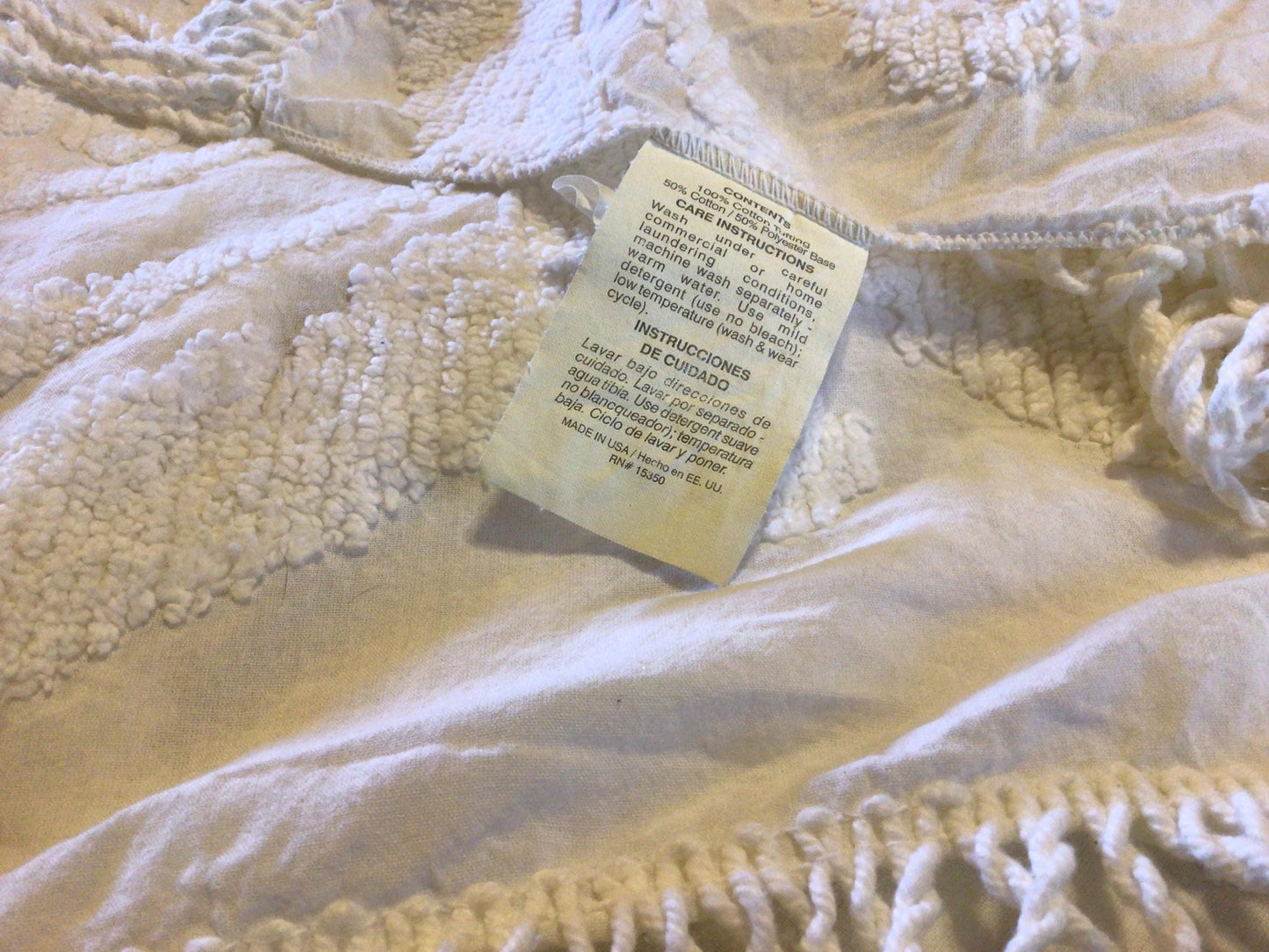 White Chenille Vintage Bedspread Coverlet Super King Size 100" x 120"