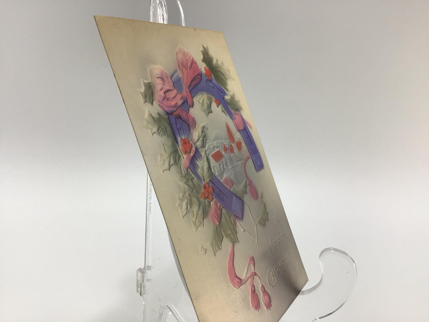 Novelty Christmas Postcard Airbrush Embossed Good Luck Horseshoe Wreath Antique Holiday Ephemera