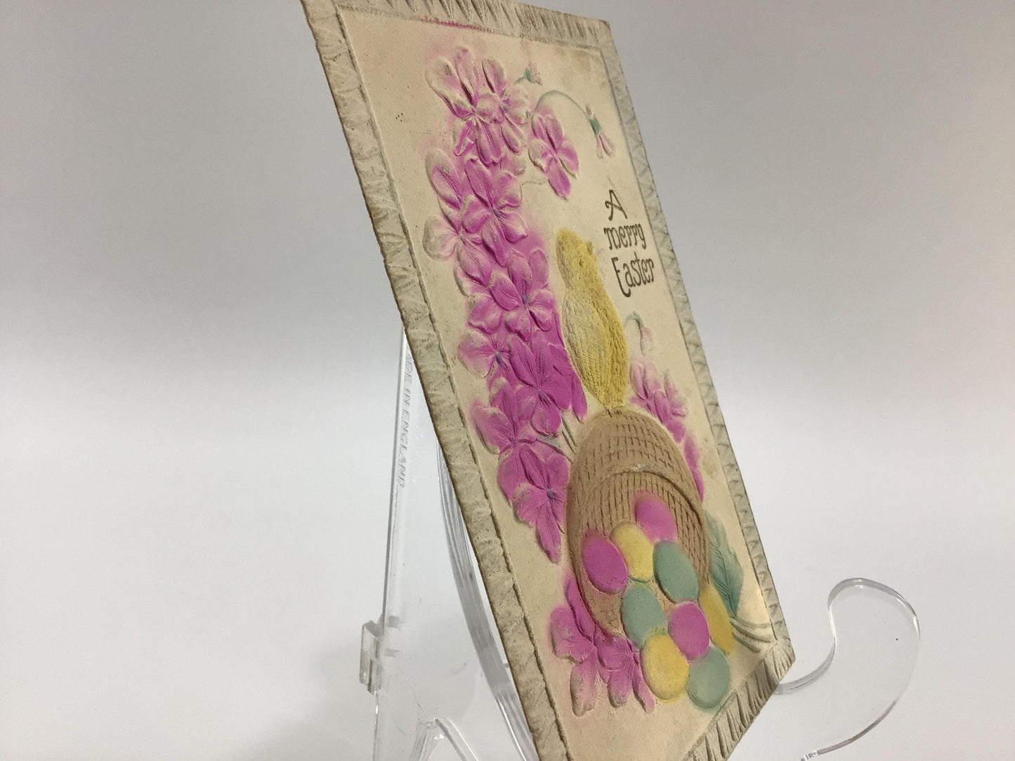 Antique Easter Applied Novelty Postcard Airbrush Embossed Egg Basket and Pink Flowers