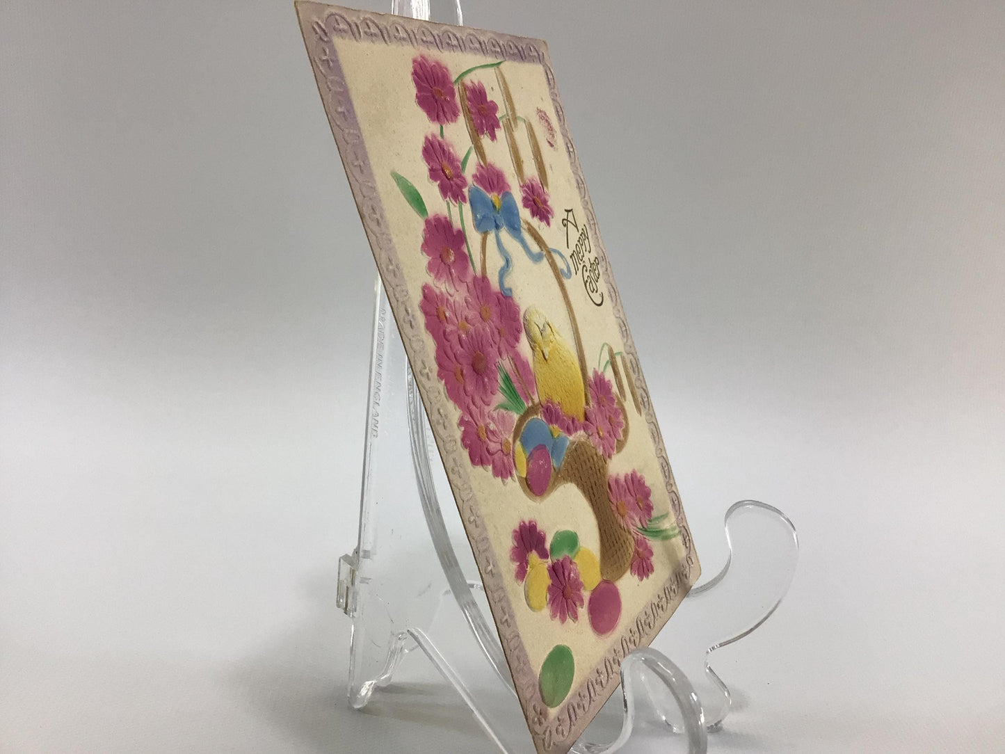 Antique Easter Novelty Postcard Airbrush Embossed Chick on Egg Basket