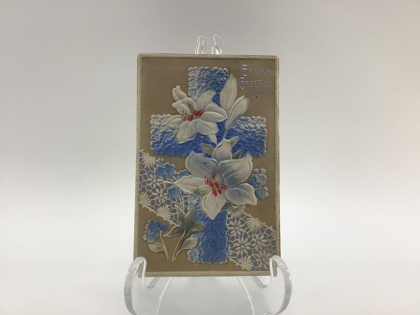 Easter Novelty Postcard Airbrush Embossed Blue Forget-Me-Nots and Lilies Antique Holiday Ephemera