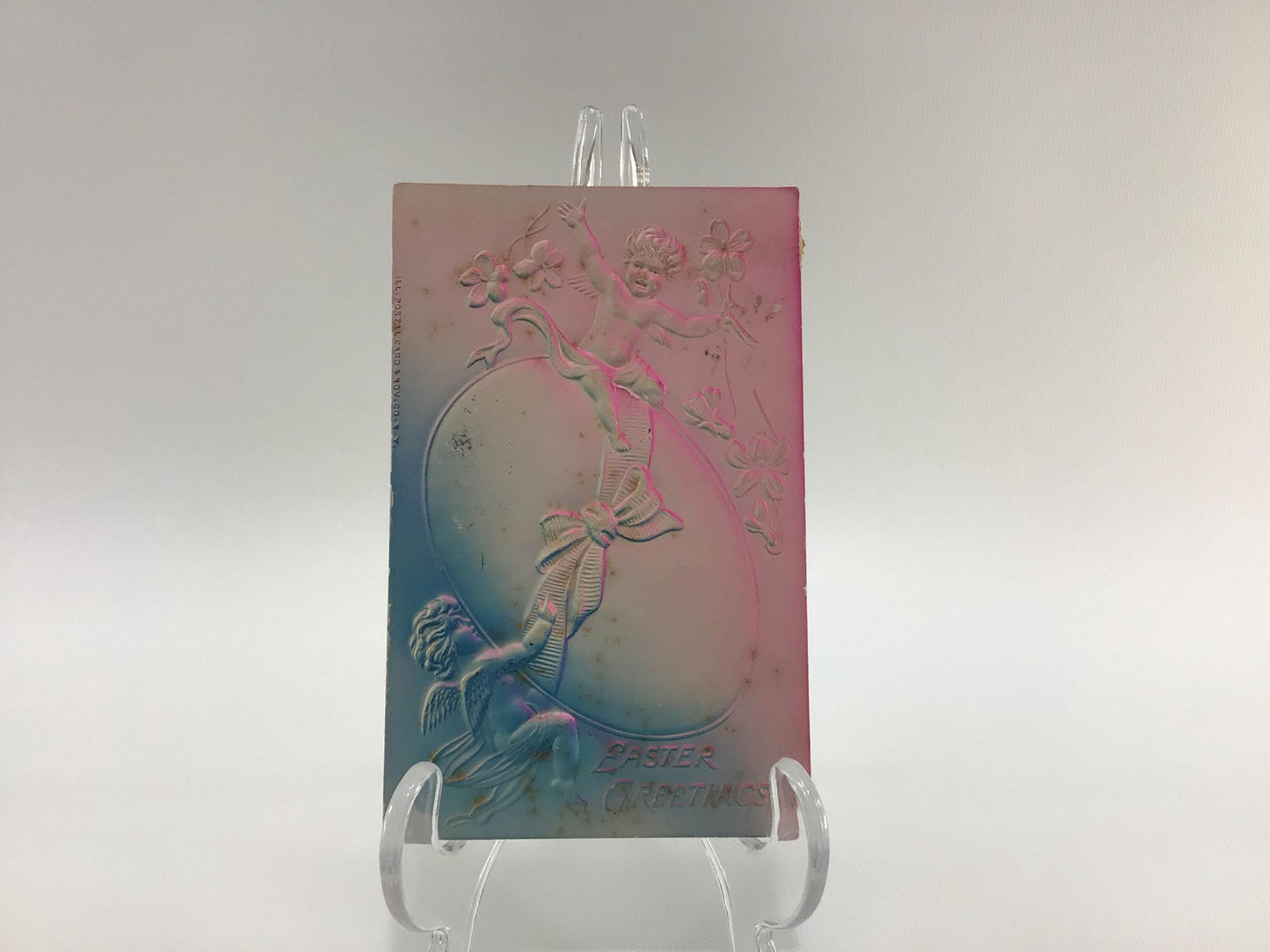 Easter Novelty Postcard Airbrush Embossed Pink Blue with Cupid and Egg Antique Holiday Ephemera