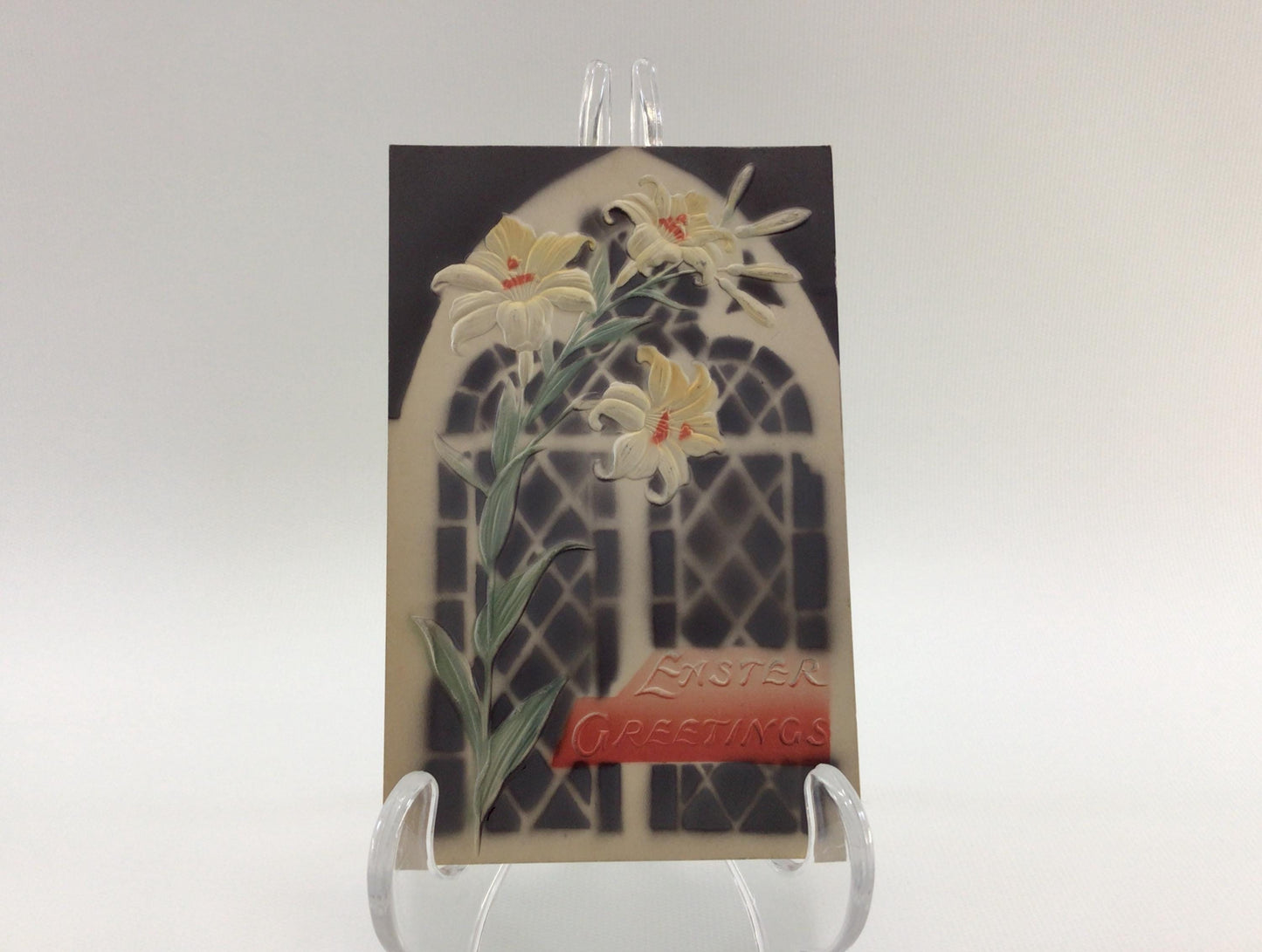 Easter Novelty Postcard Airbrush Embossed Dark Blue with Lilies Antique Holiday Ephemera