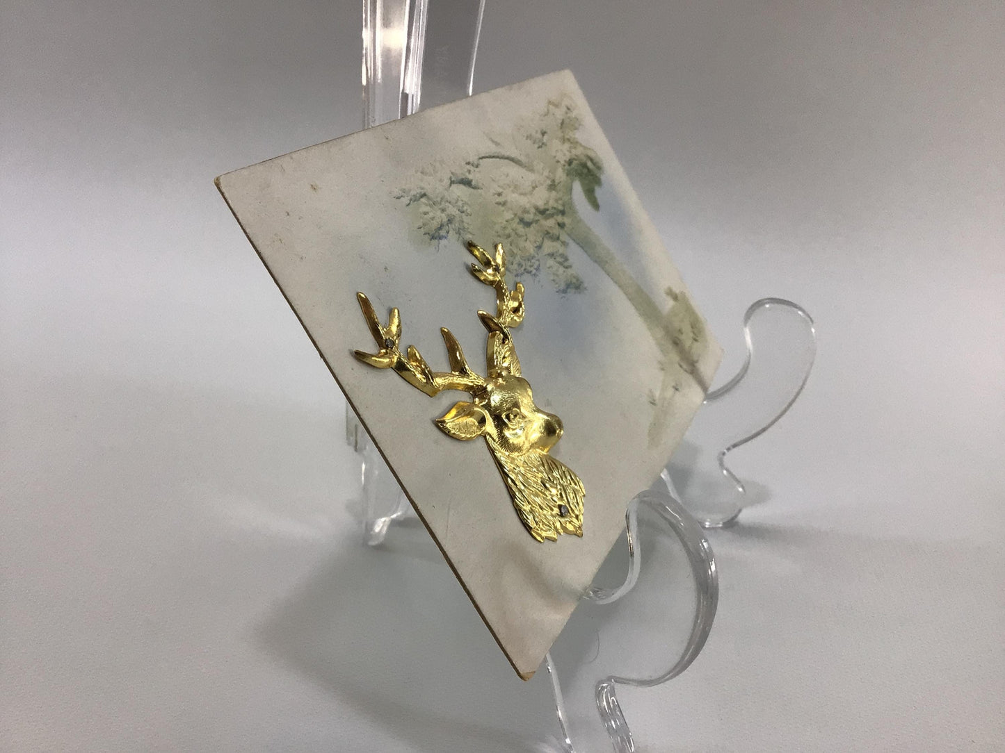 Applique Novelty Greetings Postcard Antique Ephemera with Applied Metal Deer Buck Embellishment