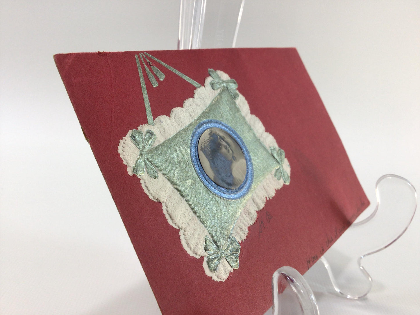Applique Novelty Greetings Postcard Antique Ephemera Applied Photograph and Fabric Embellishments on Red Cardstock