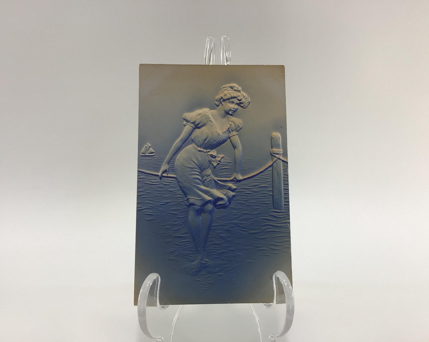 Novelty Greetings Postcard Blue Airbrush Embossed Antique Ephemera Edwardian Woman at the Beach