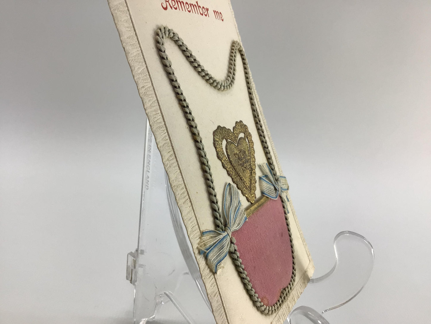 Applique Novelty Remember Me Postcard Antique Ephemera Embossed border with Applied Cord Ribbon Metal and Fabric Embellishments