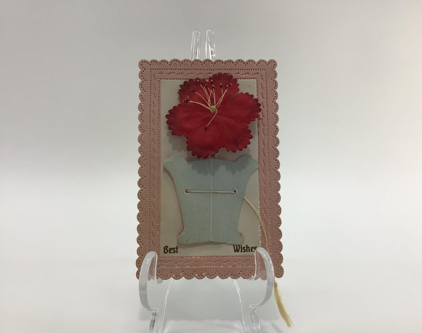 Applique Novelty Best Wishes Postcard Antique Ephemera Pink Perforated border with Pop Up Flower and Tassel Embellishments