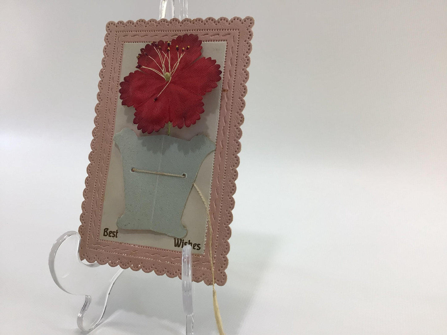 Applique Novelty Best Wishes Postcard Antique Ephemera Pink Perforated border with Pop Up Flower and Tassel Embellishments