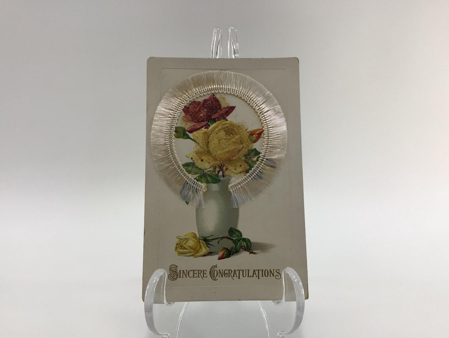 Applique Novelty Congratulations Postcard Embossed Rose Vase with Applied White Fringe Antique Ephemera