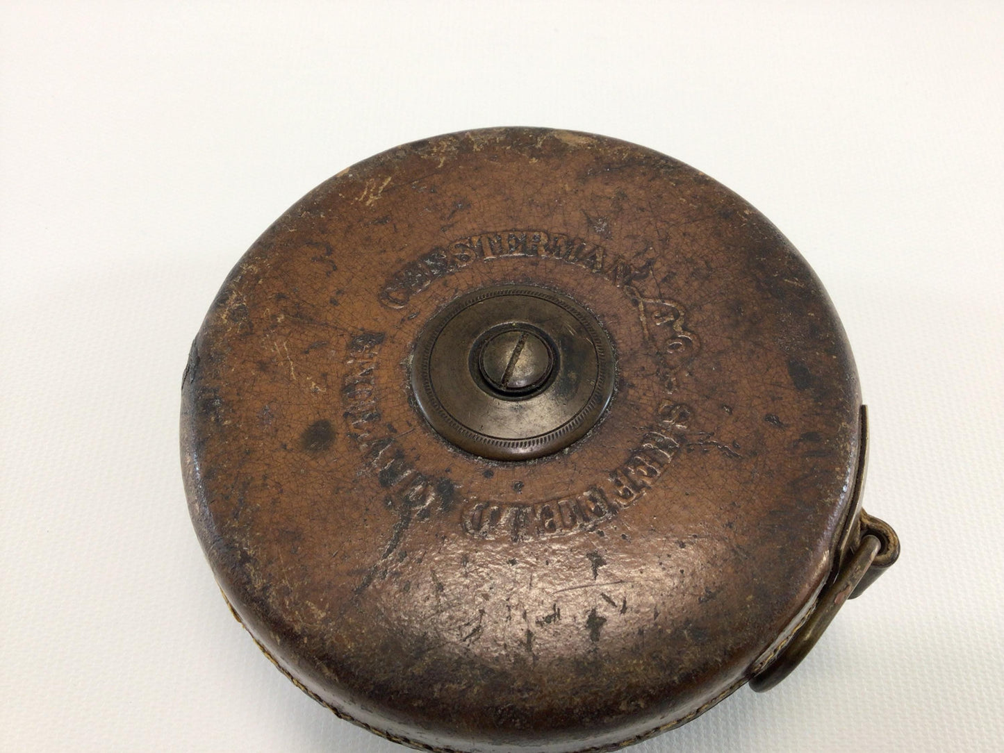 Vintage 50' Leader Tape Measure Quality Made in England Chesterman Leather and Brass Exterior