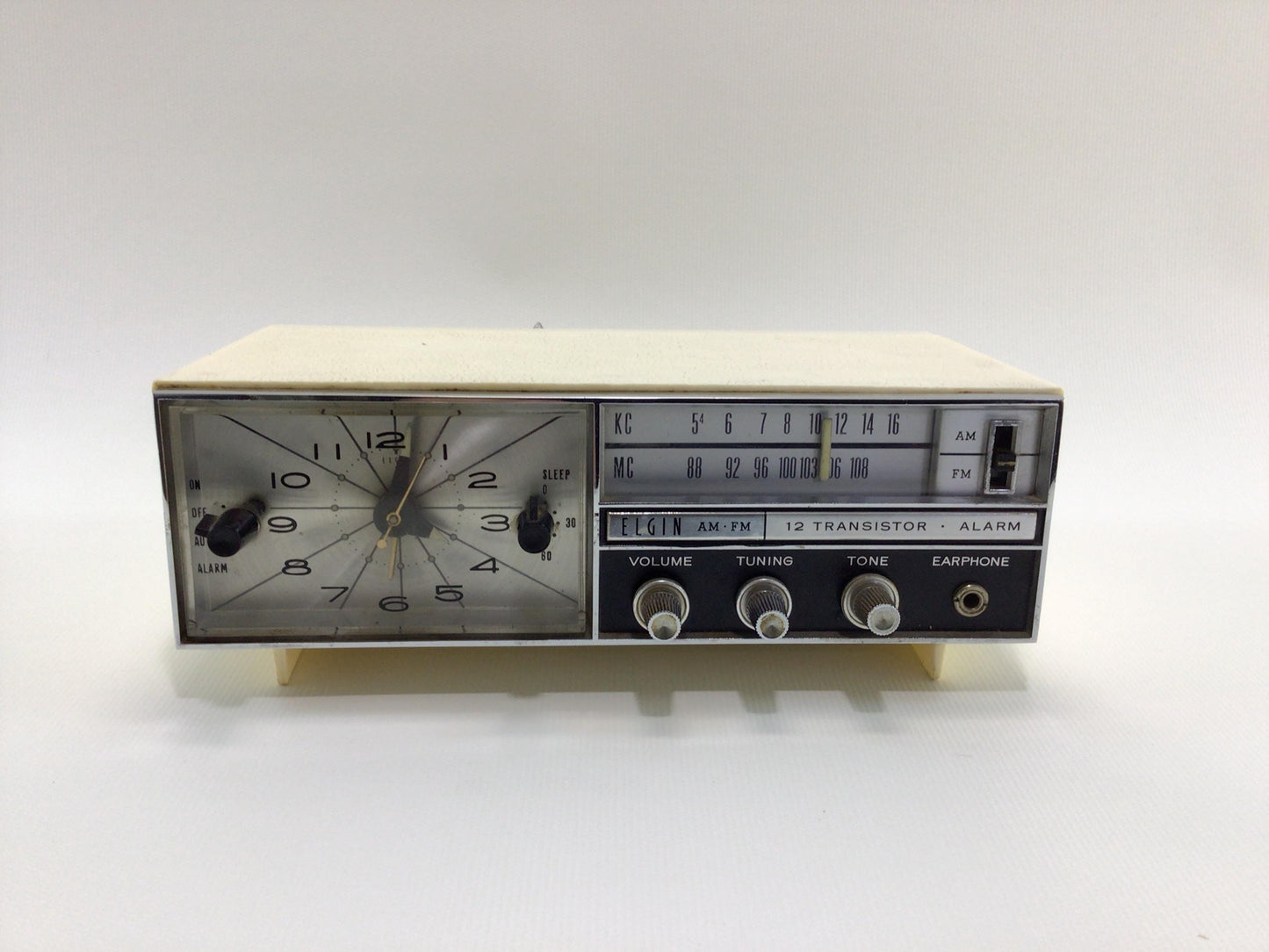 Elgin AM FM 12 Transistor Alarm Clock Radio Model R-1900 Mid Century Analog Electronics Gadget