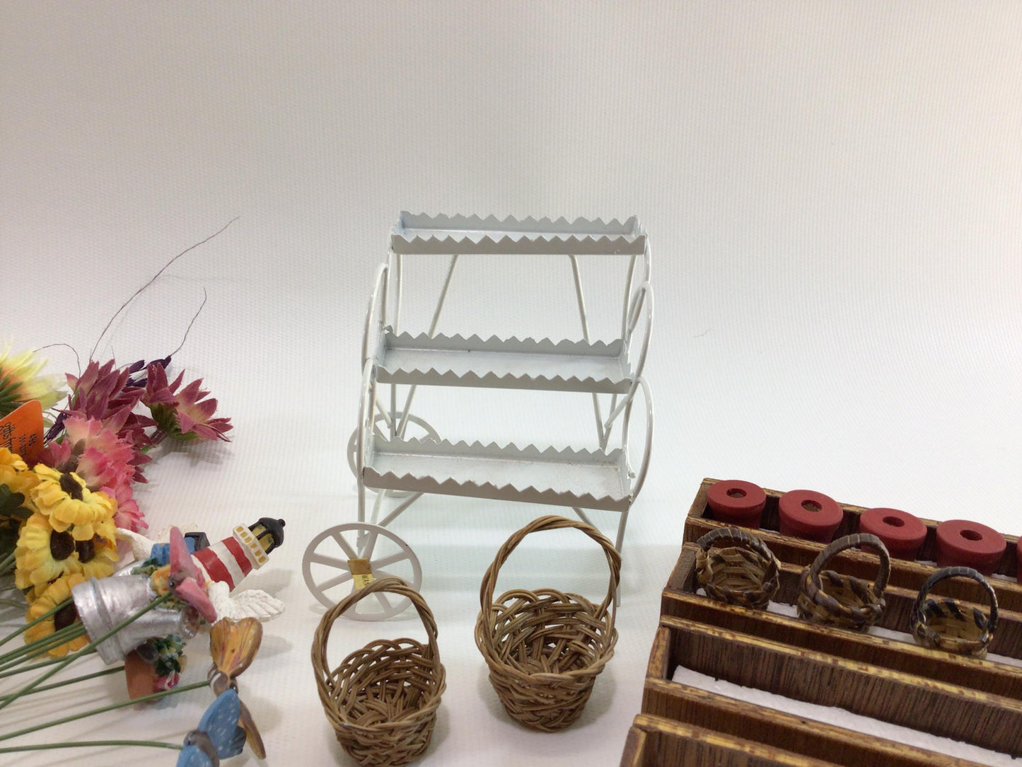 Fairy Garden Miniature Dollhouse Greenhouse Patio Lot Vintage Art Project Diorama Parts Pieces Raised Beds Flowers Pots Baskets Cart