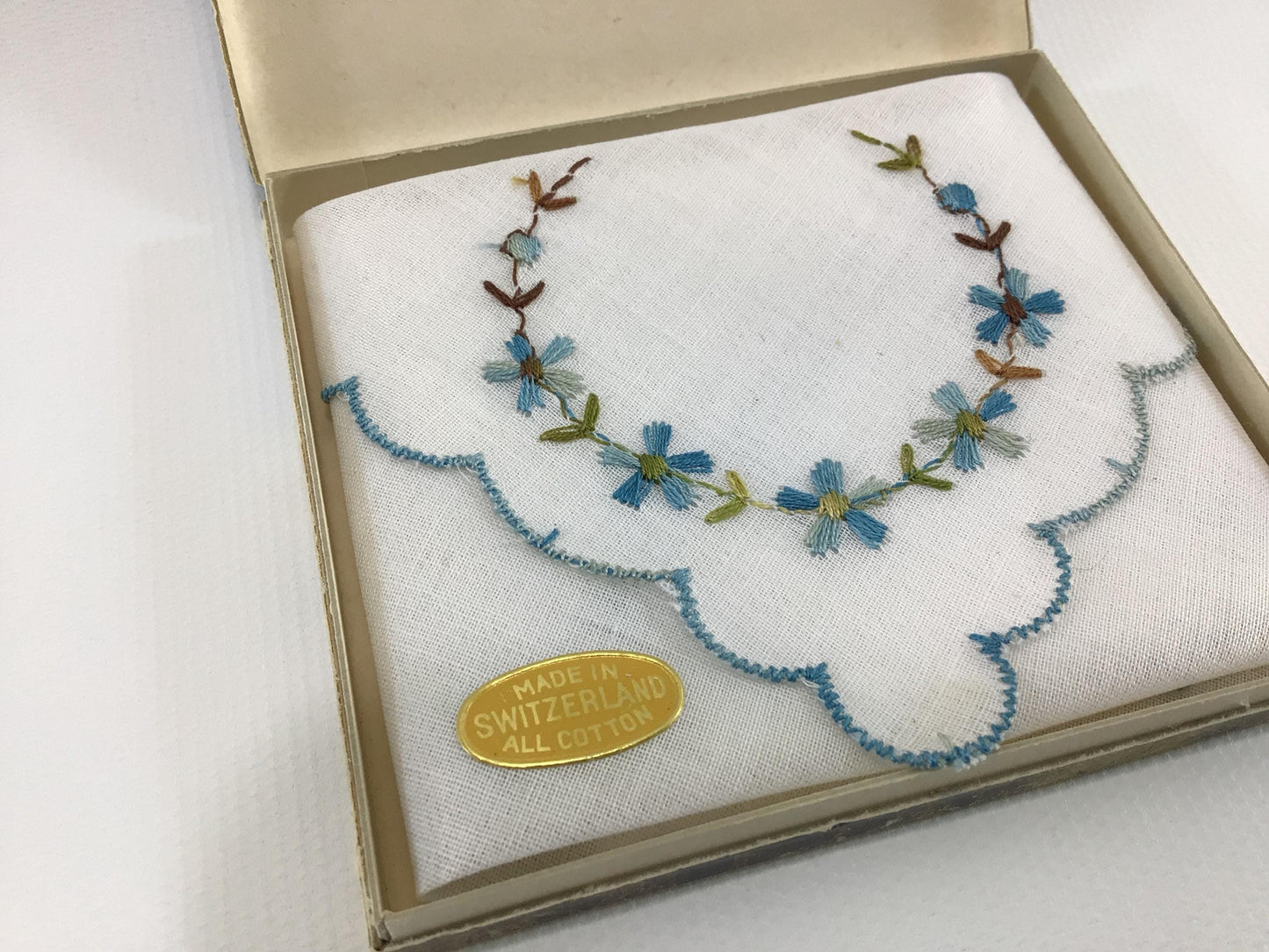 CIBA Handkerchief Vintage White 100% Cotton and Embroidered Blue Flowers Made in Switzerland