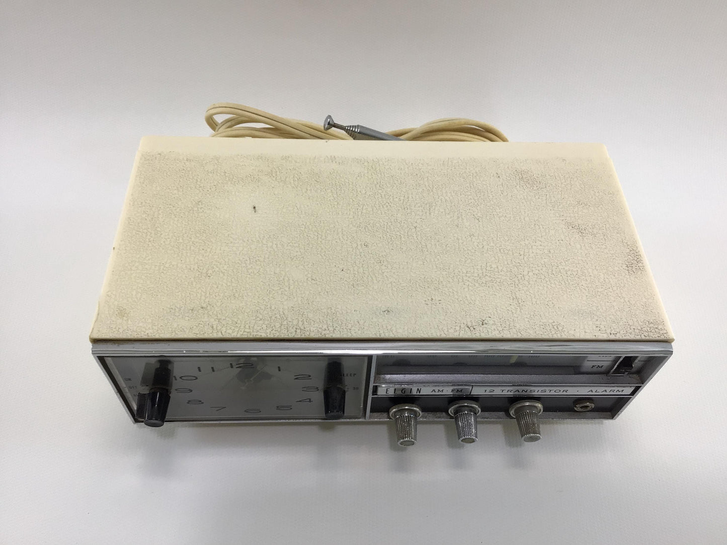 Elgin AM FM 12 Transistor Alarm Clock Radio Model R-1900 Mid Century Analog Electronics Gadget