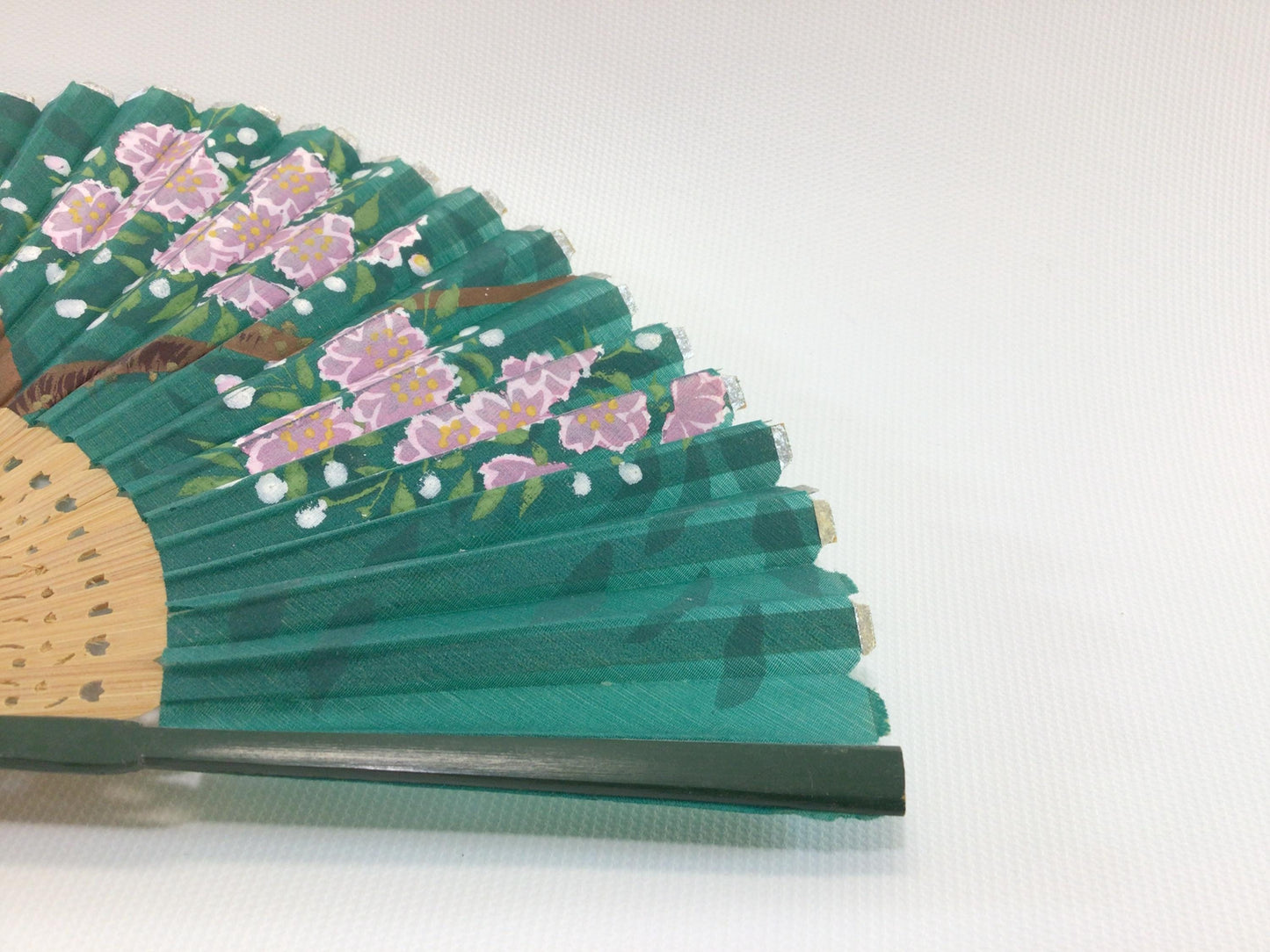 Green Linen Folding Fan Cheery Blossom Motif Quality Made Vintage Fashion Accessory